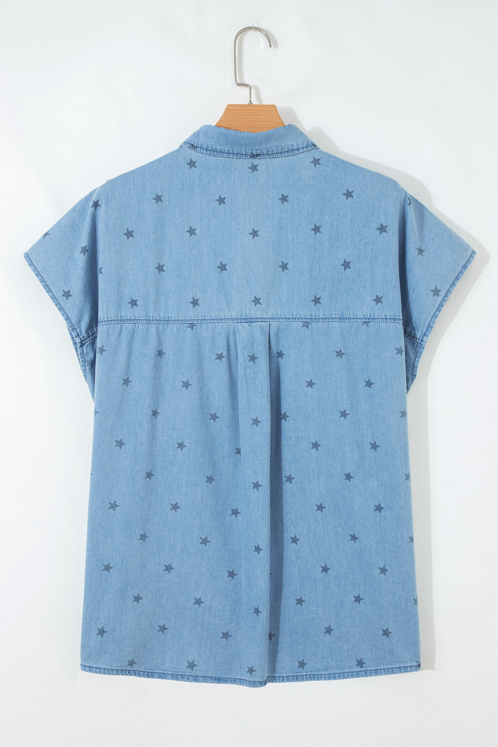 Beau Blue Star Allover Print Double Chest Pocket Short Sleeve Denim Shirt