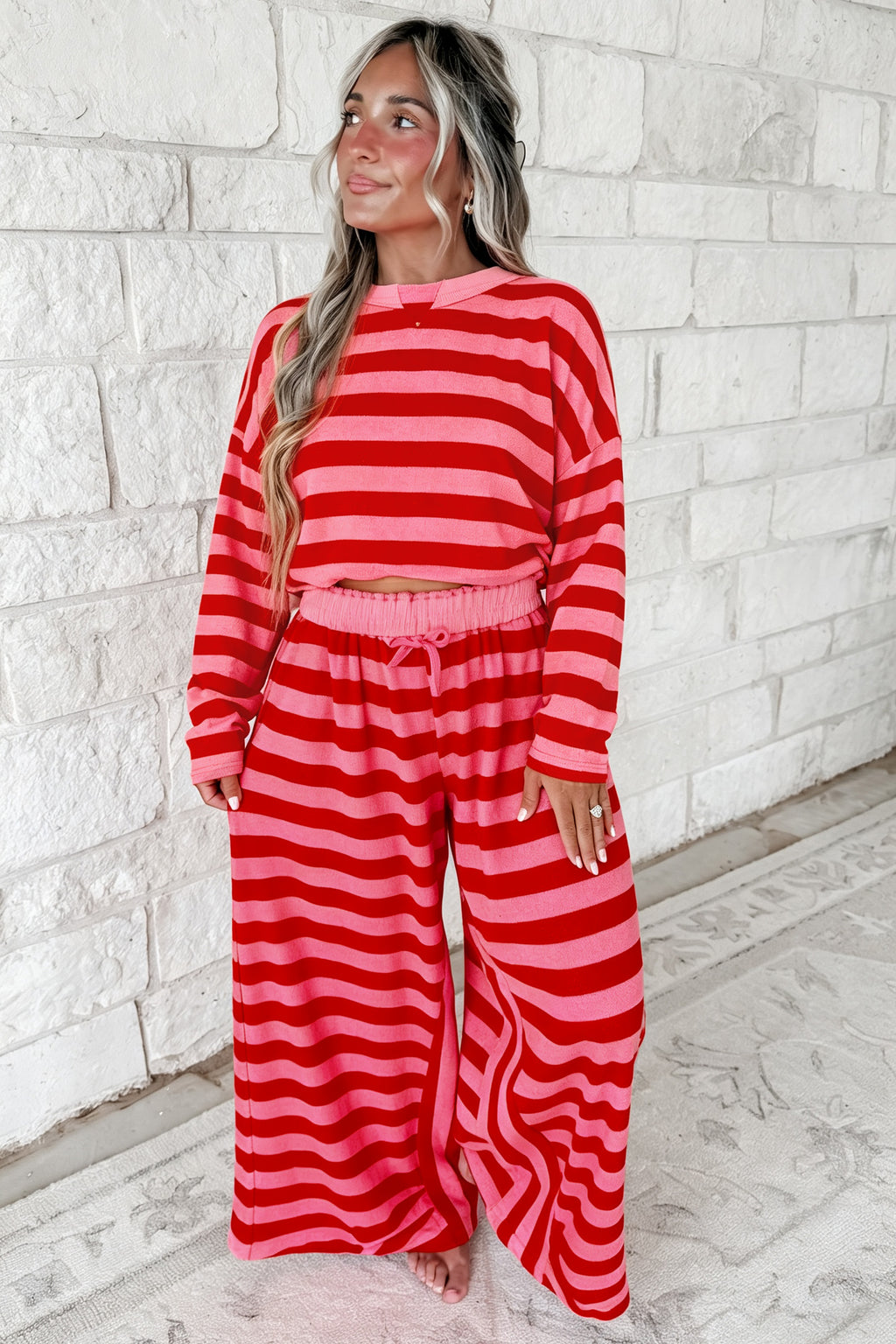 Red stripe two-piece drop shoulder pullover and loose pants set by Dear-Lover, stylish casual outfit with relaxed fit.