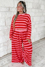 Red stripe two-piece drop shoulder pullover and loose pants set by Dear-Lover, stylish casual outfit with relaxed fit.