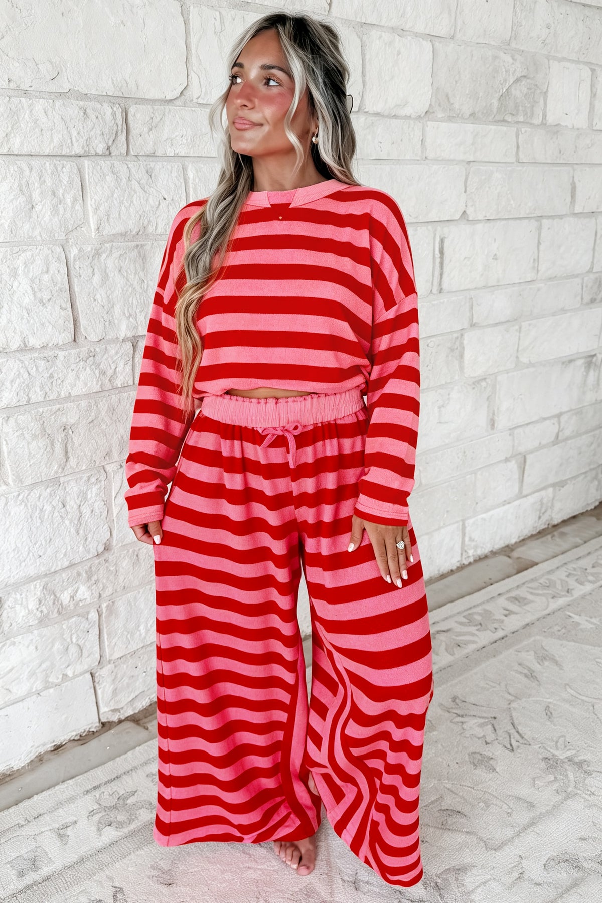 Red stripe two-piece drop shoulder pullover and loose pants set by Dear-Lover, stylish casual outfit with relaxed fit.