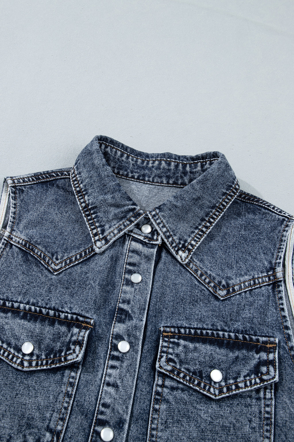 Ashleigh Blue Solid Denim Button Front Pocket Sleeveless Cowboy Vest