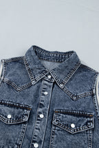 Ashleigh Blue Solid Denim Button Front Pocket Sleeveless Cowboy Vest