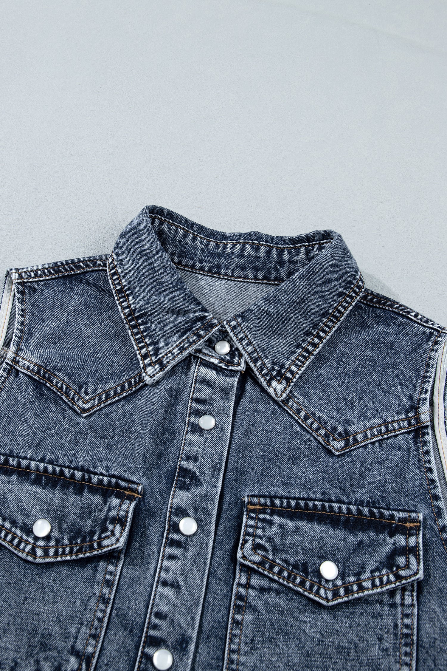 Ashleigh Blue Solid Denim Button Front Pocket Sleeveless Cowboy Vest