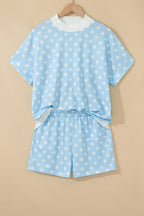 Yellow Polka Dot Print Color Block Trim Mock Neck Short Set