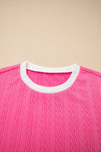 Bright Pink Textured Color Block Trim Loose Tee Drawstring Shorts 2pcs Set
