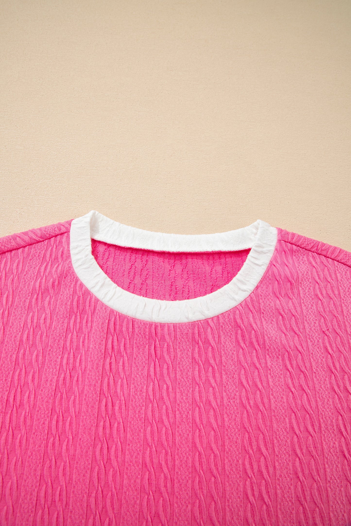 Bright Pink Textured Color Block Trim Loose Tee Drawstring Shorts 2pcs Set