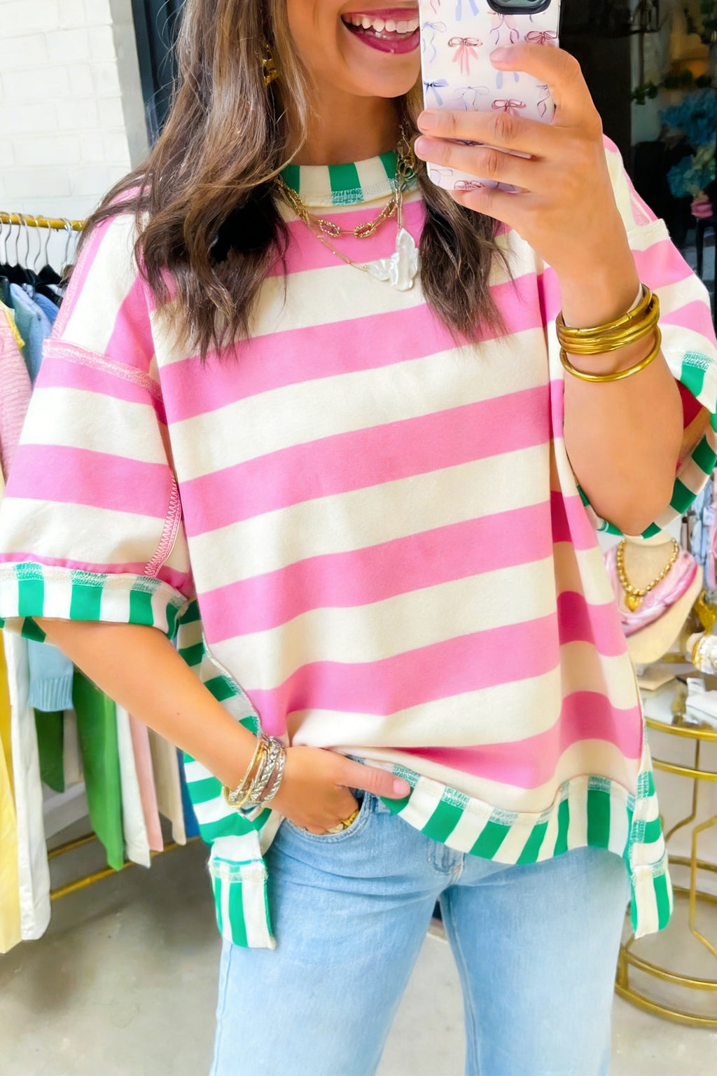 Stripe Exposed Seam Contrast Patchwork Oversized Top