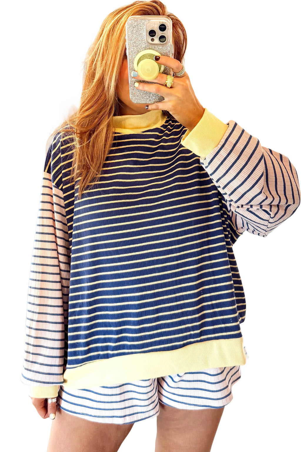 Blue Stripe Color Block Long Sleeve Pullover Ribbed Knit Casual Shorts Set