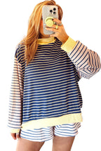 Blue Stripe Color Block Long Sleeve Pullover Ribbed Knit Casual Shorts Set