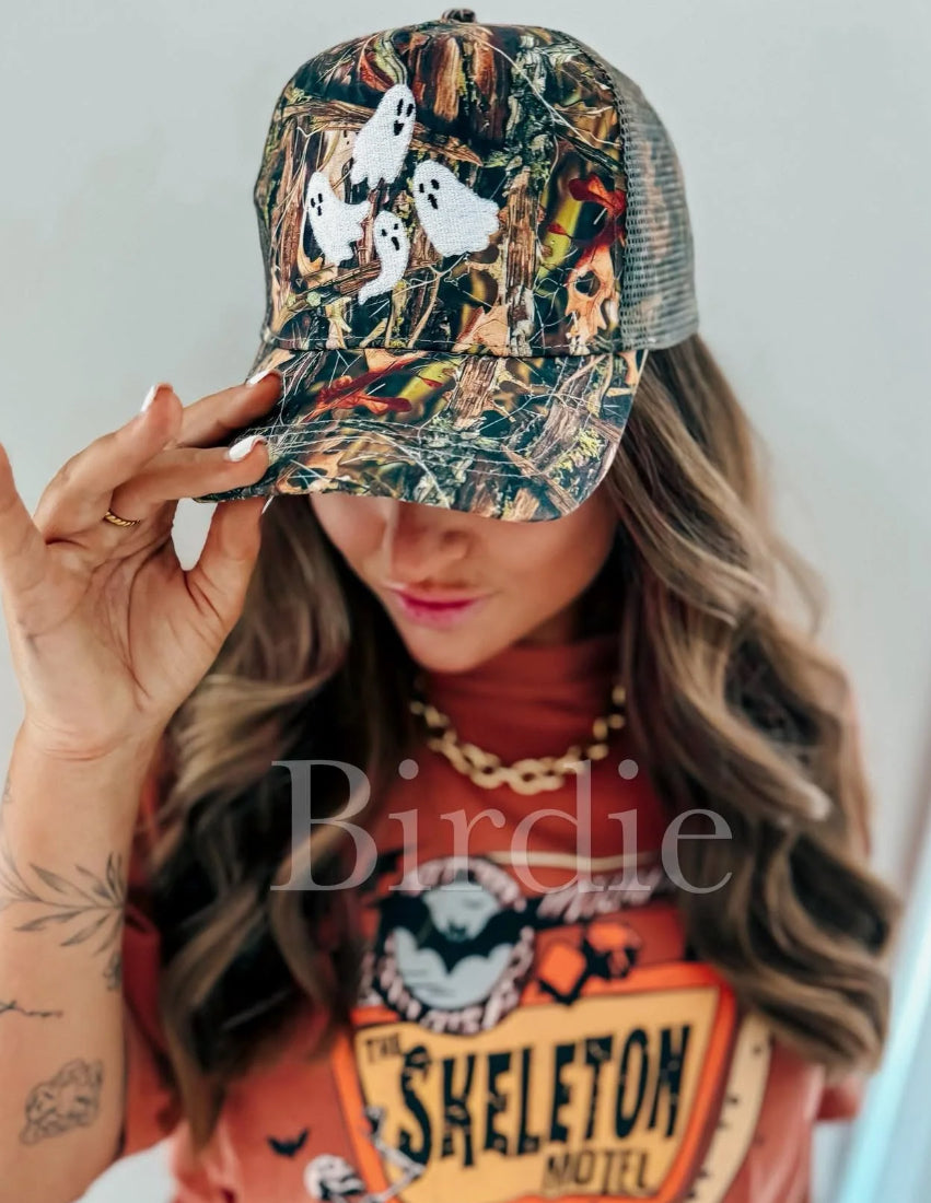 Embroidered Ghost Camo hat by Bird & Co Wholesale Tees, featuring ghost and camo design, casual accessory for outdoor wear.