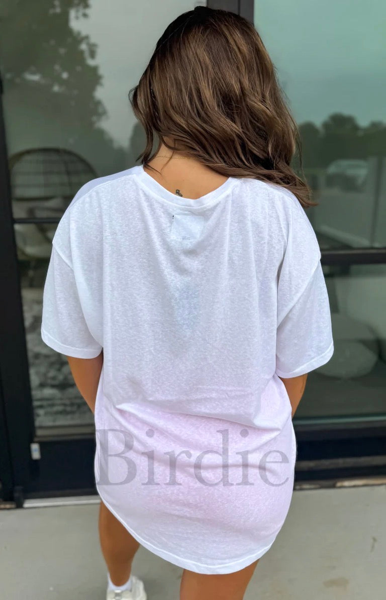 White relaxed boyfriend T-shirt by Bird & Co Wholesale Tees, casual fit with soft cotton fabric.