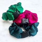 Watermelon mix Buckle Scrunchies by RE.STATEMENT, 3-pack, vibrant recycled satin with no snagging or tangles, standard thickness.