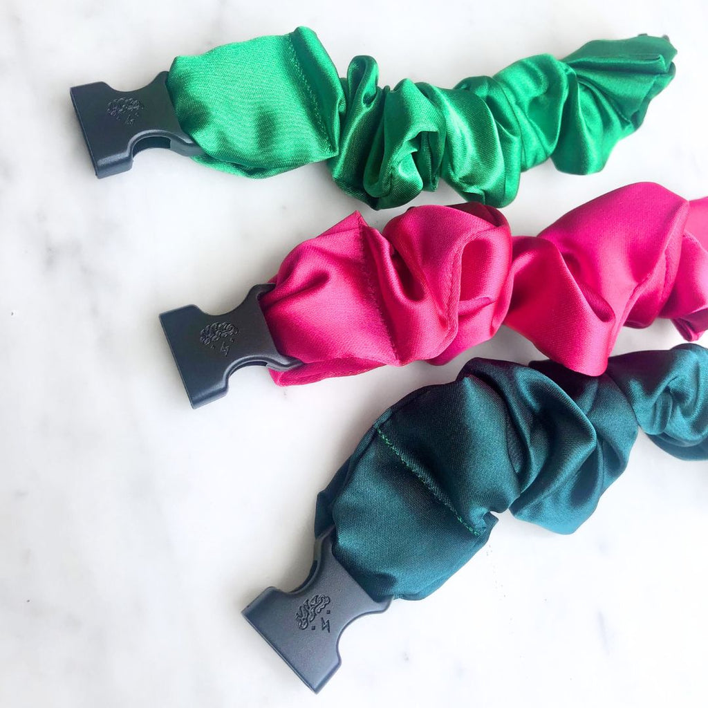 Vibrant watermelon mix Buckle Scrunchies by RE.STATEMENT, 3-pack satin bundle with no snagging or tangling, standard thickness.