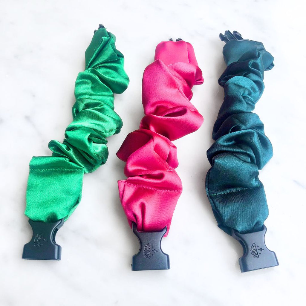 Vibrant Watermelon Mix Buckle Scrunchies bundle by RE.STATEMENT, no snagging or tangles, in recycled satin fabric, 3-pack.