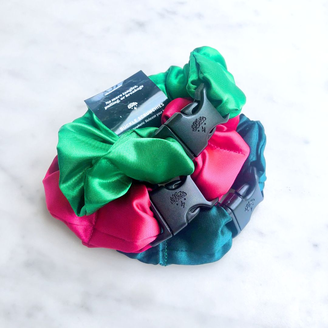 Watermelon Mix Buckle Scrunchies by RE.STATEMENT, vibrant 3-pack bundle in recycled satin, no snagging or tangling, 1.25 to 1.5 inches.