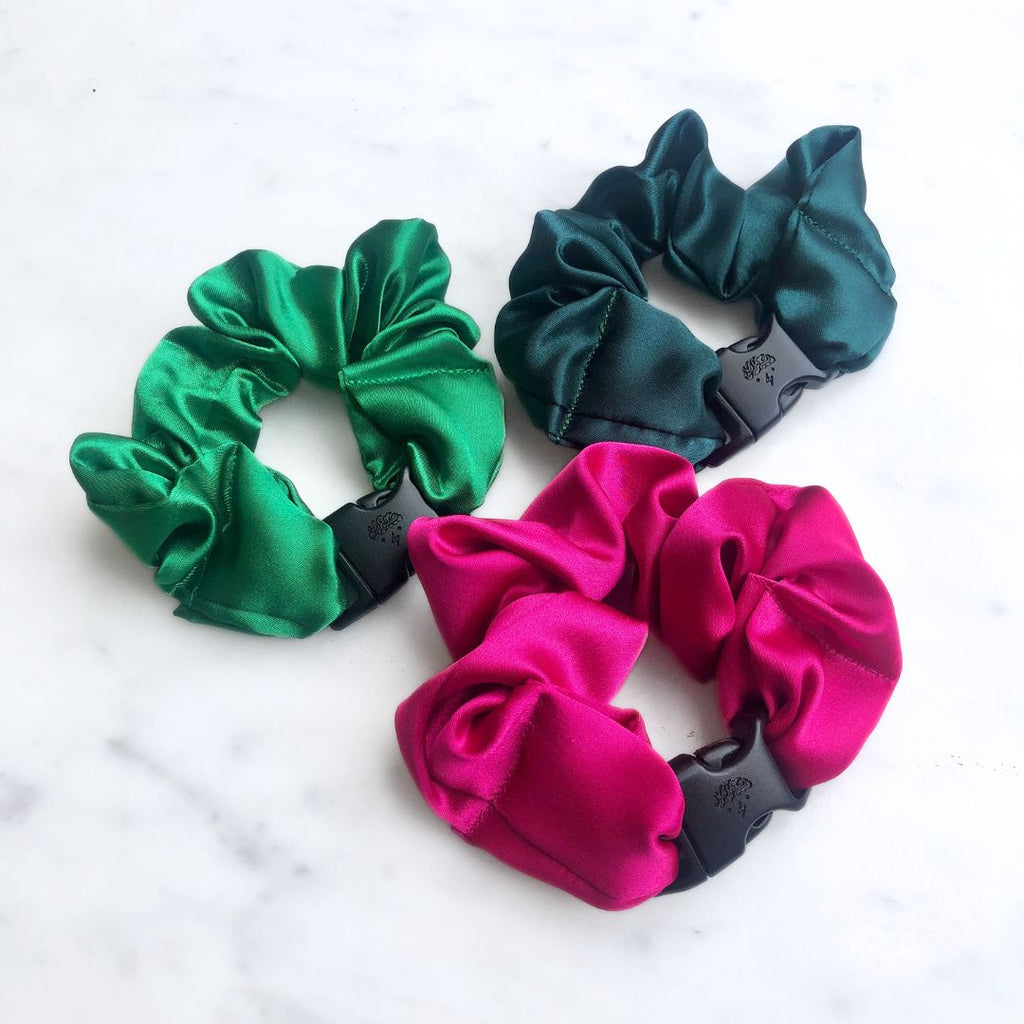 Watermelon Mix Buckle Scrunchies by RE.STATEMENT, vibrant satin bundle with three no-snag, no-tangle buckle scrunchies.