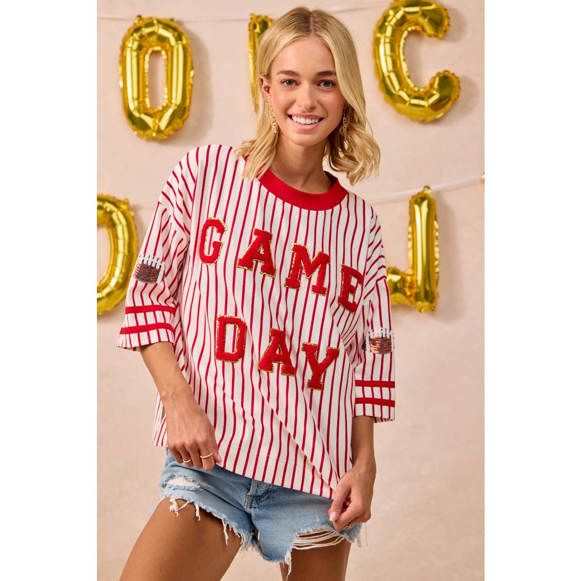 GAMEDAY THEME STRIPE KNIT TOP WITH SLEEVE PATCHED