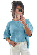 Mist Blue Exposed Seam Detail Half Sleeve Loose Sweater