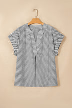 Black Stripe Plus Size V Neck Roll-tab Short Dolman Sleeve Blouse