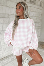 Sky Blue Plaid Baggy Pullover Drawstring Casual Shorts 2pcs Outfit