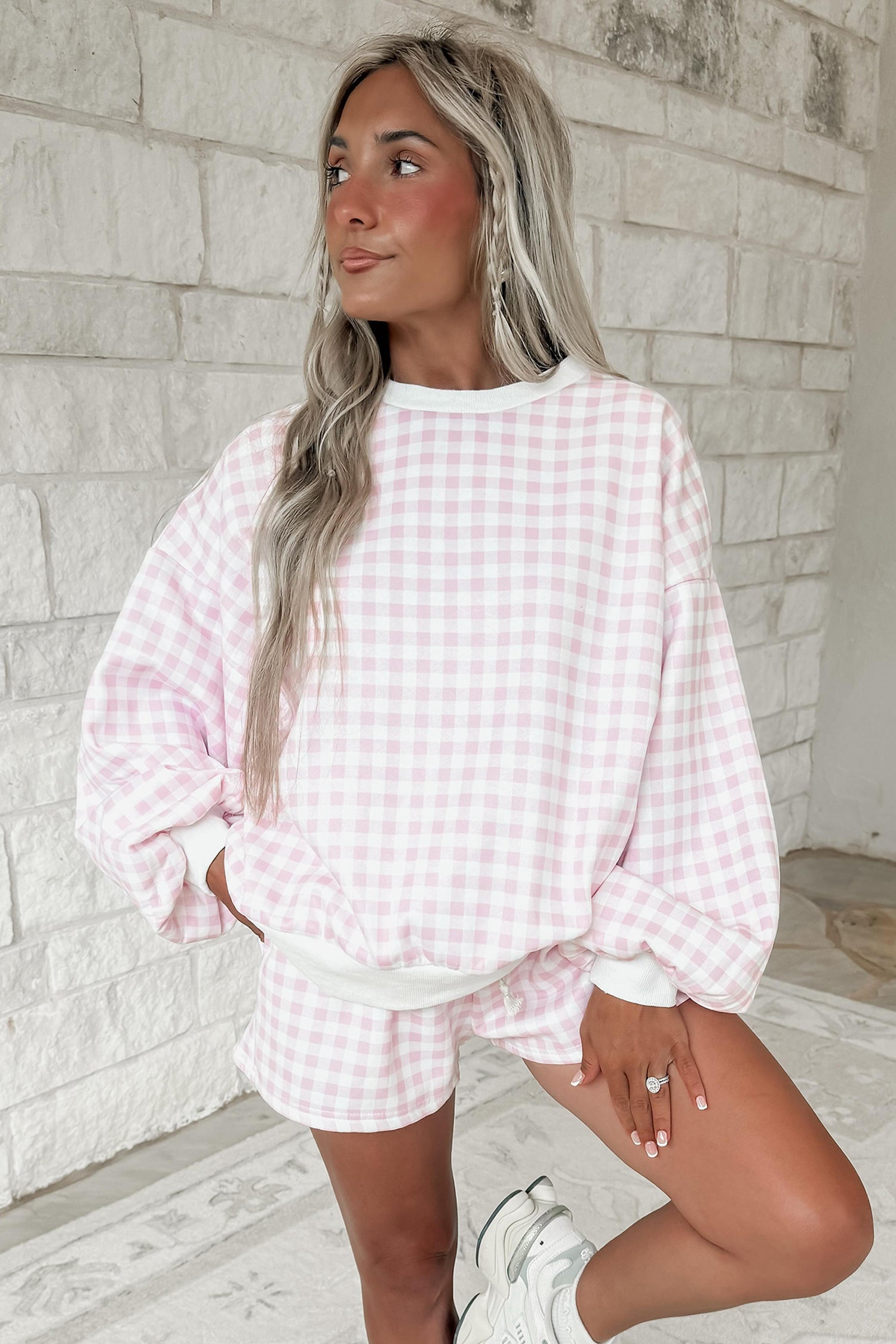 Sky Blue Plaid Baggy Pullover Drawstring Casual Shorts 2pcs Outfit