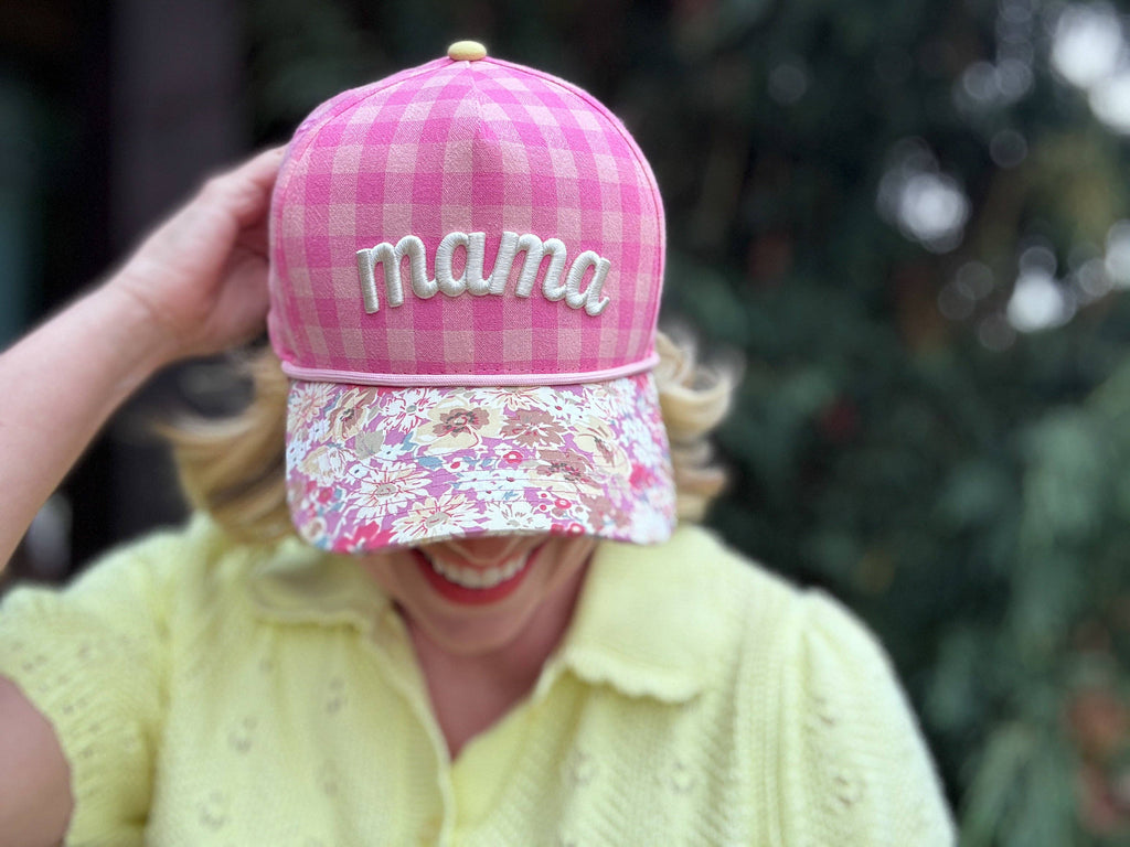Embroidered Baseball Cap - "Mama" - Pink Gingham + Floral