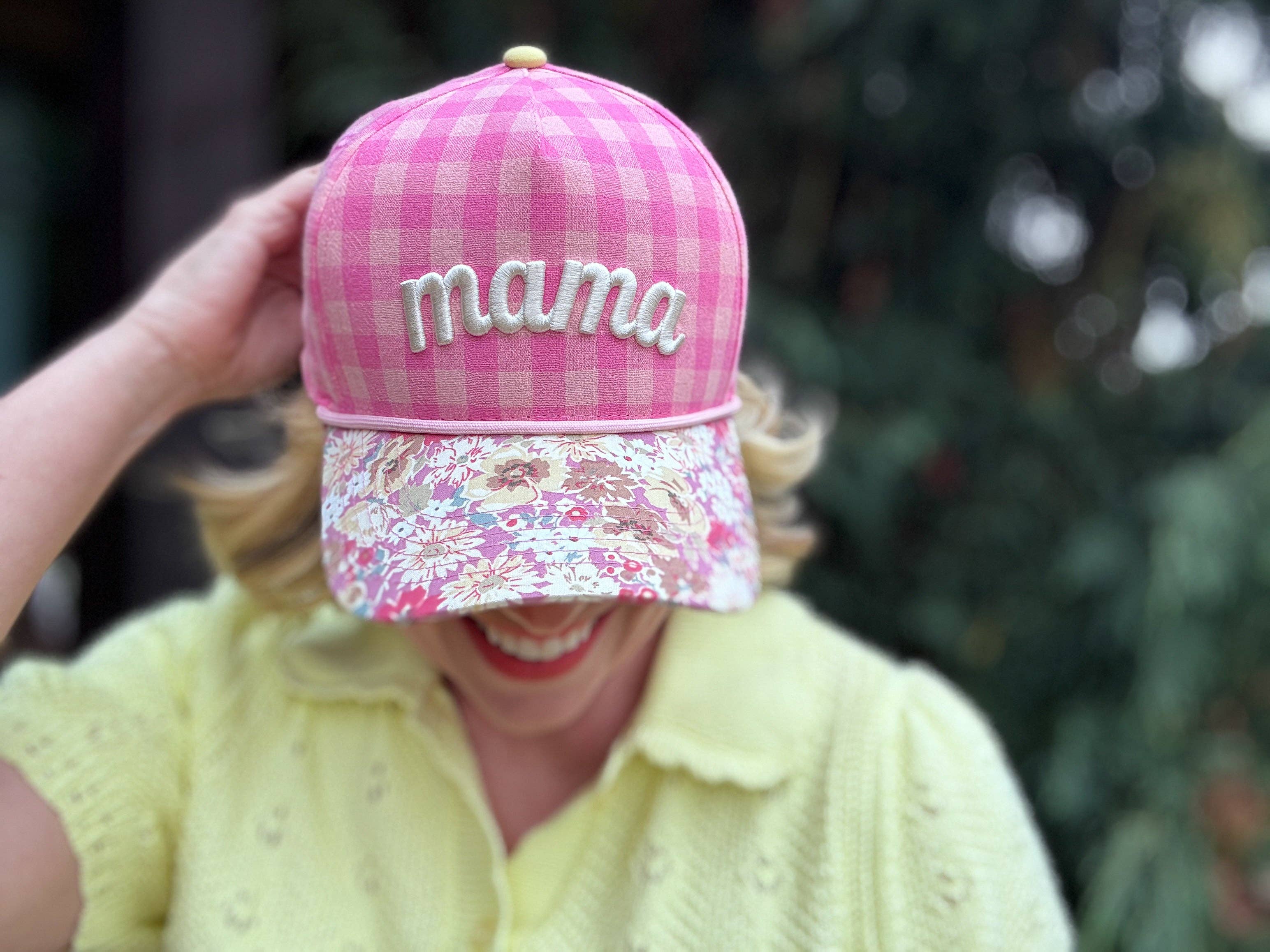 Embroidered Baseball Cap - "Mama" - Pink Gingham + Floral