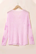 Light Pink Big Flower Hollowed Knit Drop Shoulder Sweater