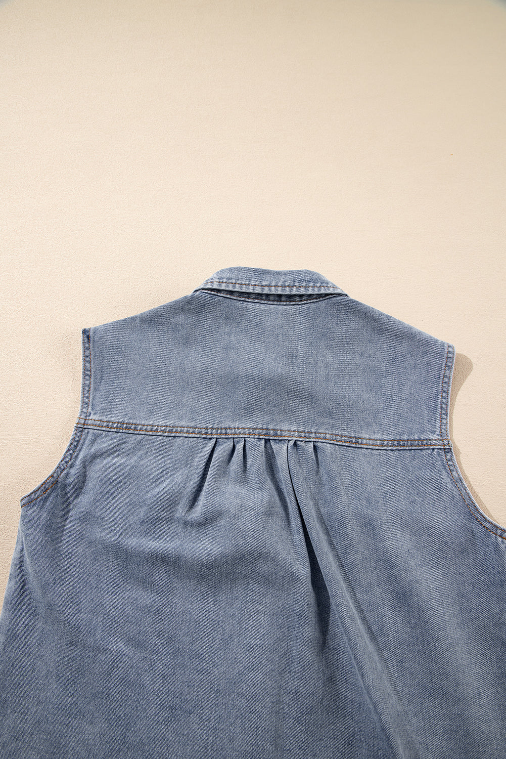 Beau Blue Denim Flap Pocket Curved Hem Shirt Vest
