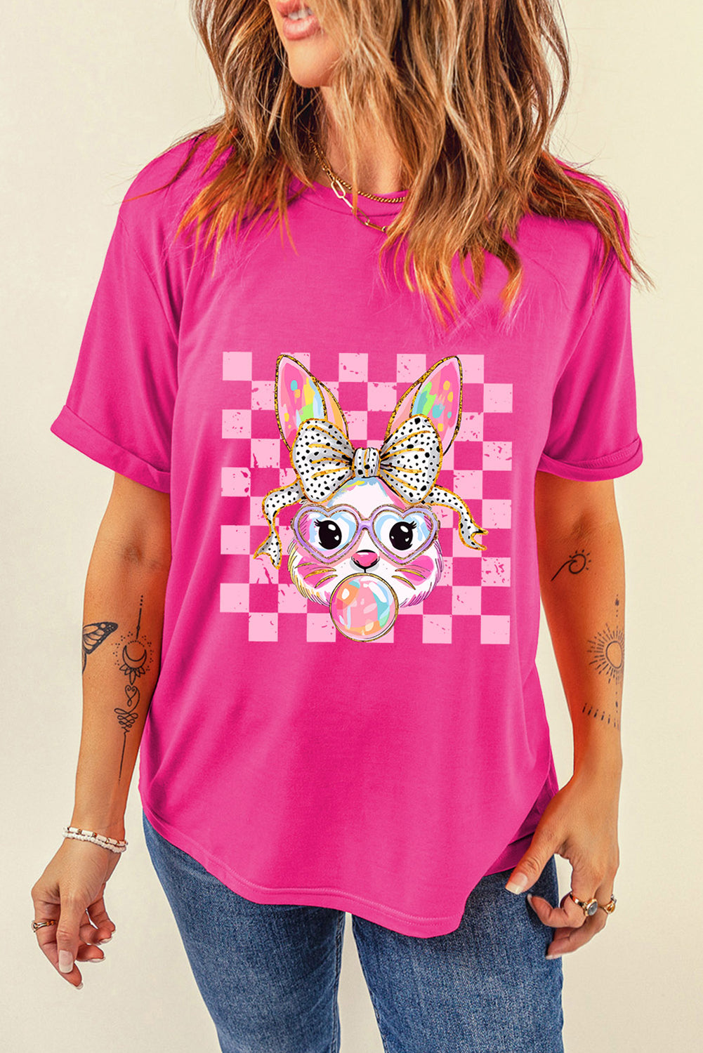 Rose Red Plaid Bubble Gum Rabbit Graphic Easter T Shirt
