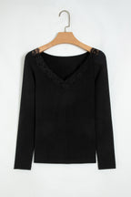 Black Lace Trim Elegant Neckline Long Sleeve Slim Top