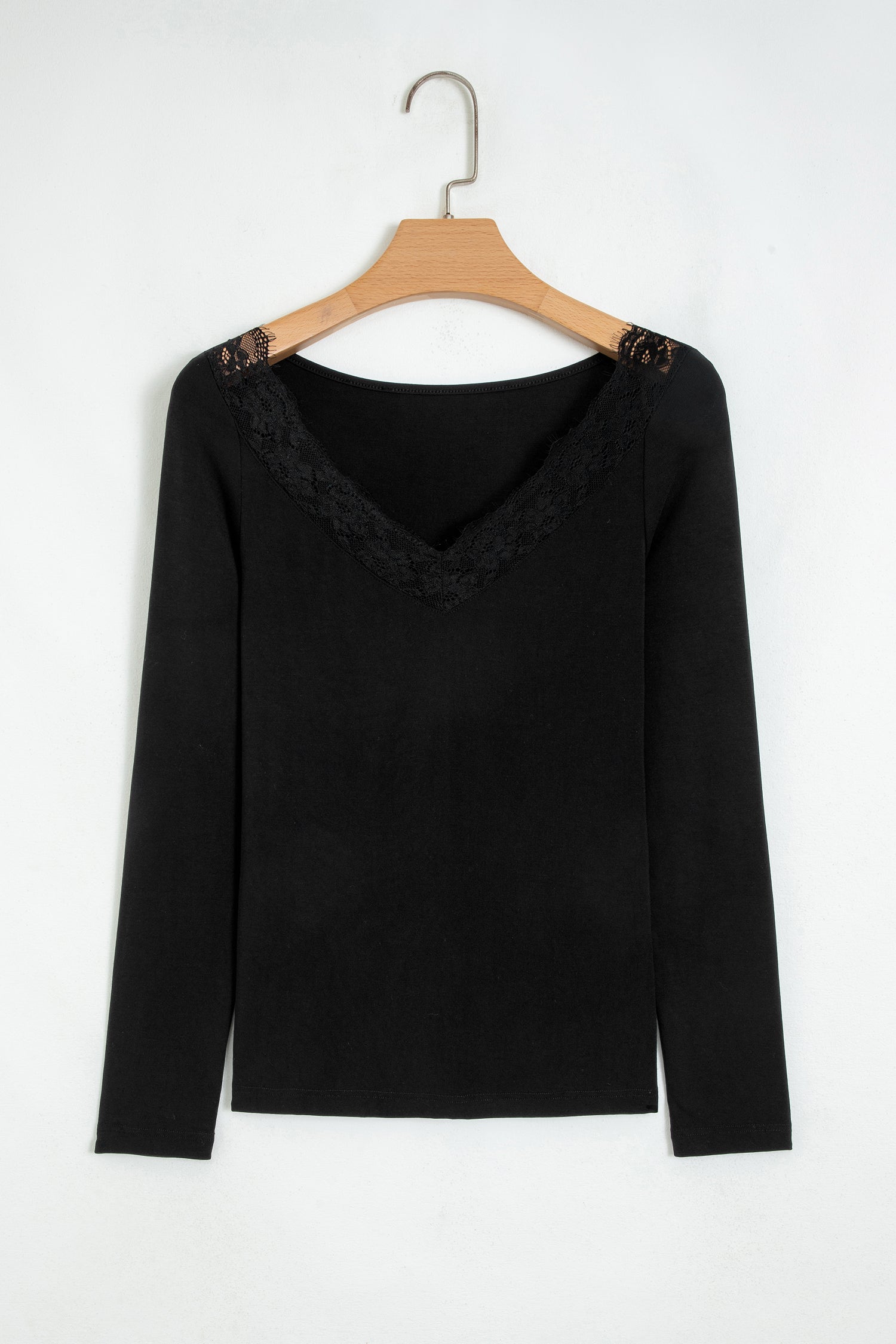 Black Lace Trim Elegant Neckline Long Sleeve Slim Top