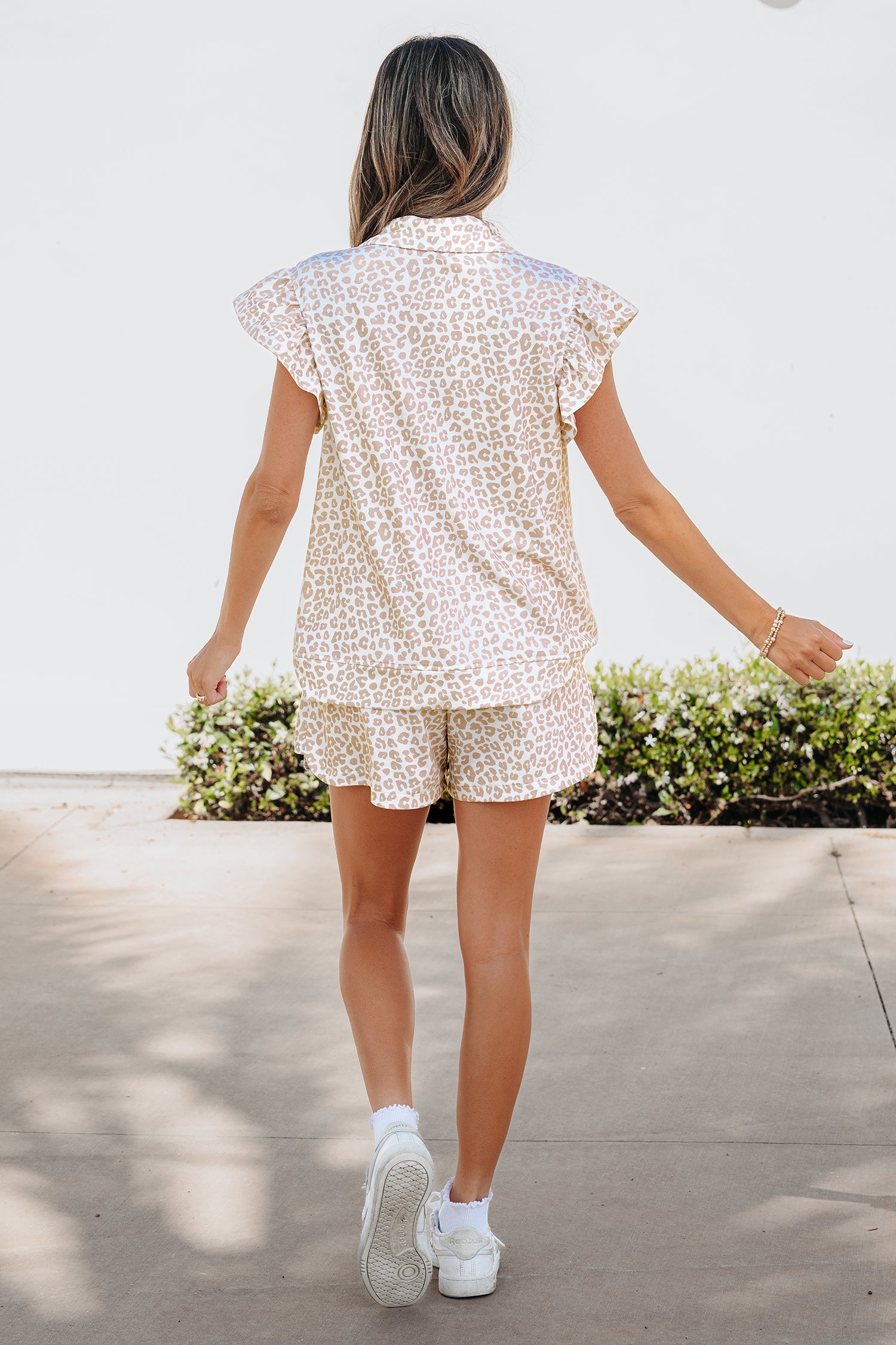 Beige Leopard Zip Polo Top 2pcs Short Set