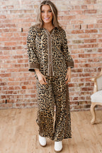 Brown Leopard Collared 3/4 Sleeve Shirt and Loose Pants Two Piece Outfit Set