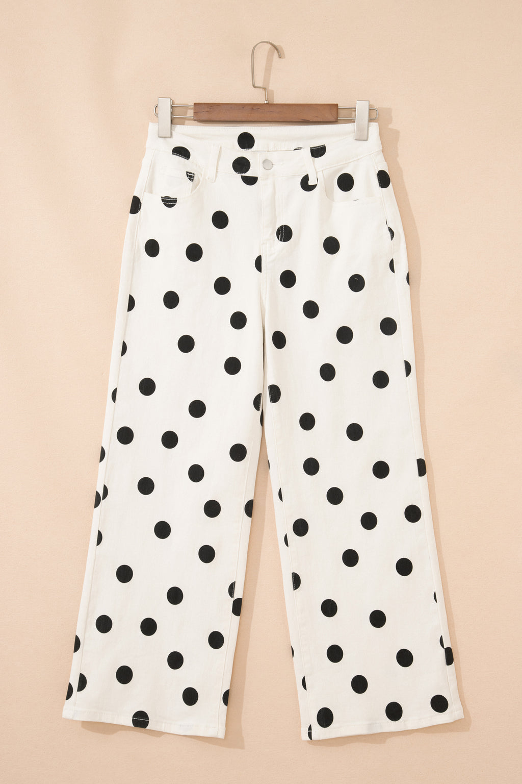 White Polka Dot Print Wide Leg Ankle-Length Jeans