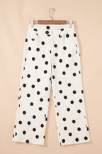 White Polka Dot Print Wide Leg Ankle-Length Jeans