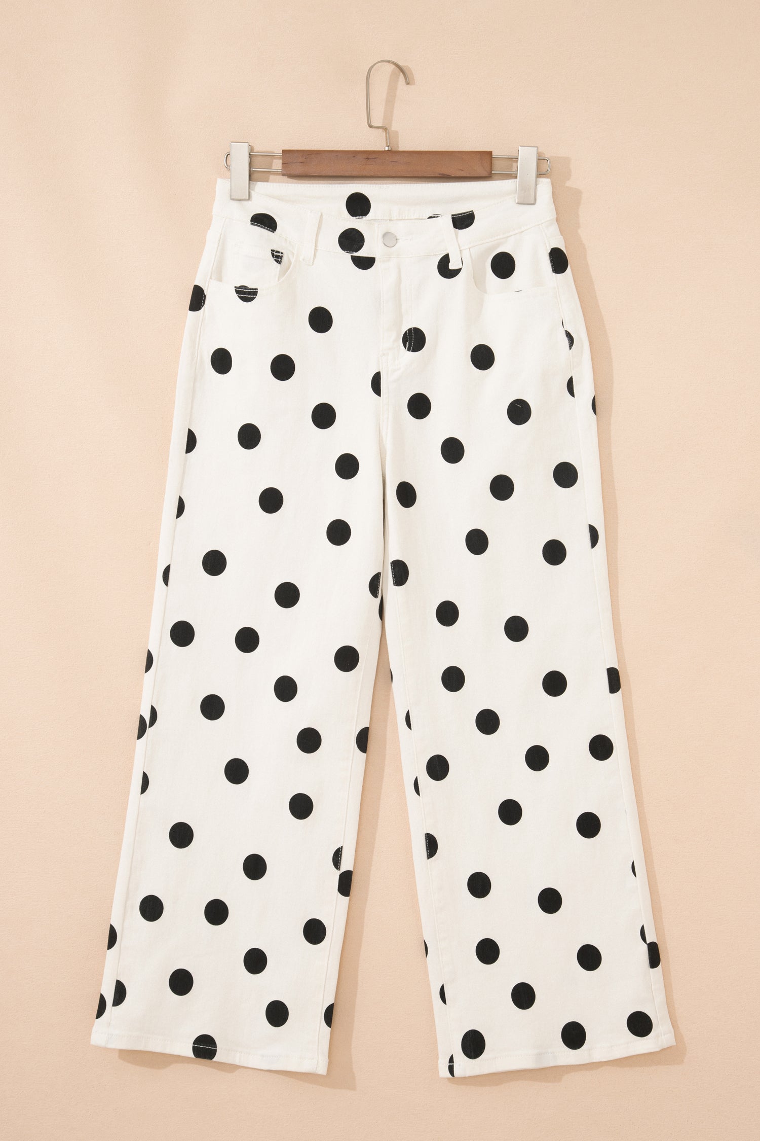 White Polka Dot Print Wide Leg Ankle-Length Jeans