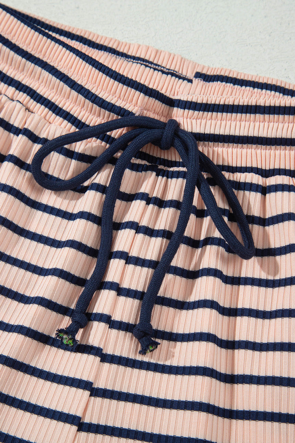 Blue Stripe Color Block Long Sleeve Pullover Ribbed Knit Casual Shorts Set