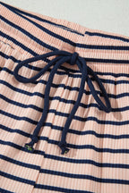 Blue Stripe Color Block Long Sleeve Pullover Ribbed Knit Casual Shorts Set