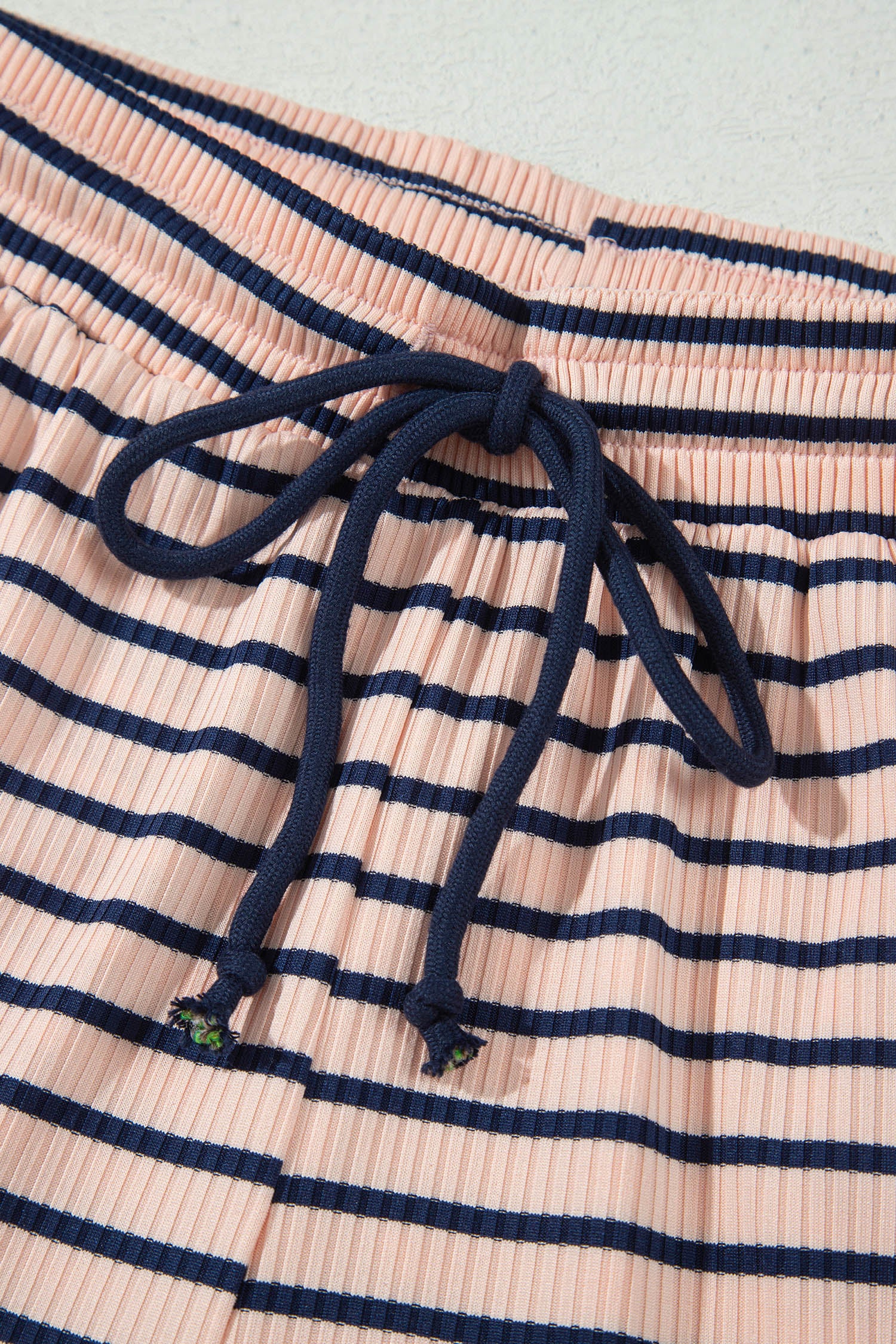 Blue Stripe Color Block Long Sleeve Pullover Ribbed Knit Casual Shorts Set