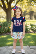 USA Floral applique navy blue top & floral bottoms. OFG50581 AMY