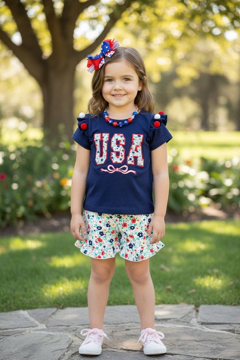 USA Floral applique navy blue top & floral bottoms. OFG50581 AMY