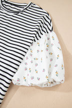 Black Stripe Floral Puff Sleeve Patchwork Round Neck Loose Top