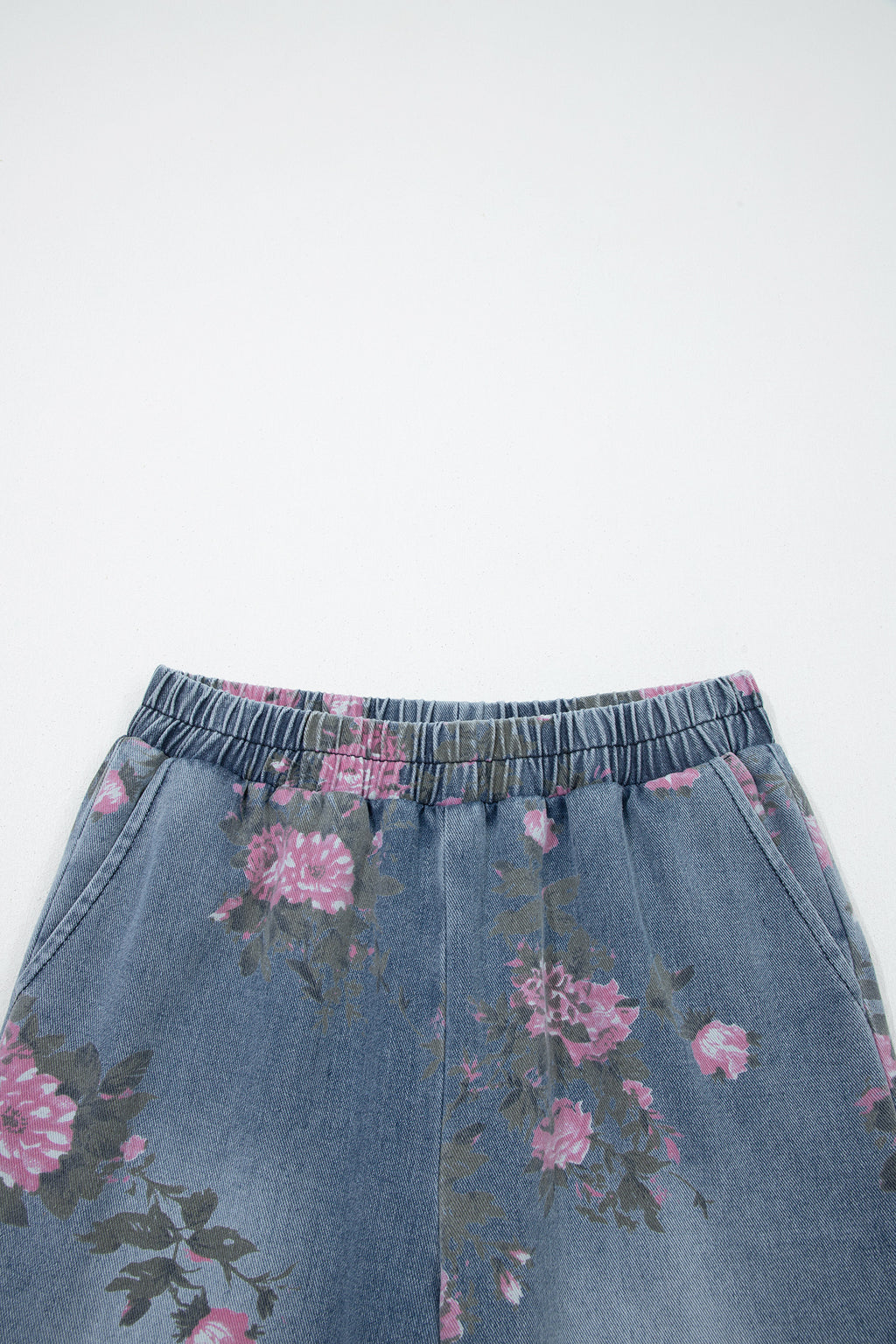 Beau Blue Floral Print Elastic Waist Pull On Casual Jeans