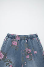 Beau Blue Floral Print Elastic Waist Pull On Casual Jeans