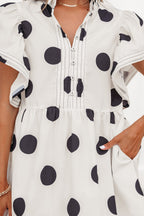 White Polka Dot Print Half Button Ruffled Short Sleeve Loose Mini Dress