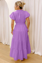 Solid Color V Neck Short Puff Sleeve High Waist Tiered Maxi Dress