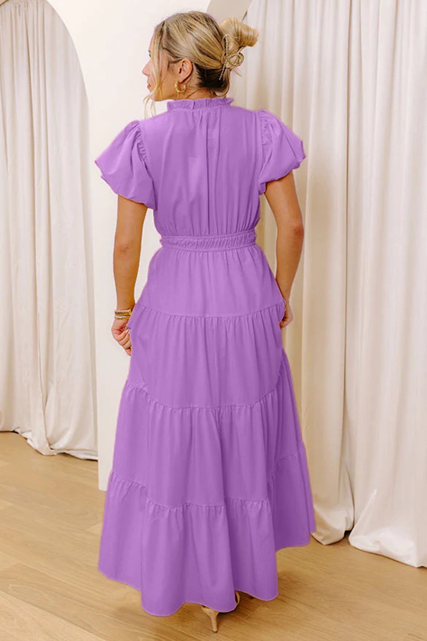 Solid Color V Neck Short Puff Sleeve High Waist Tiered Maxi Dress