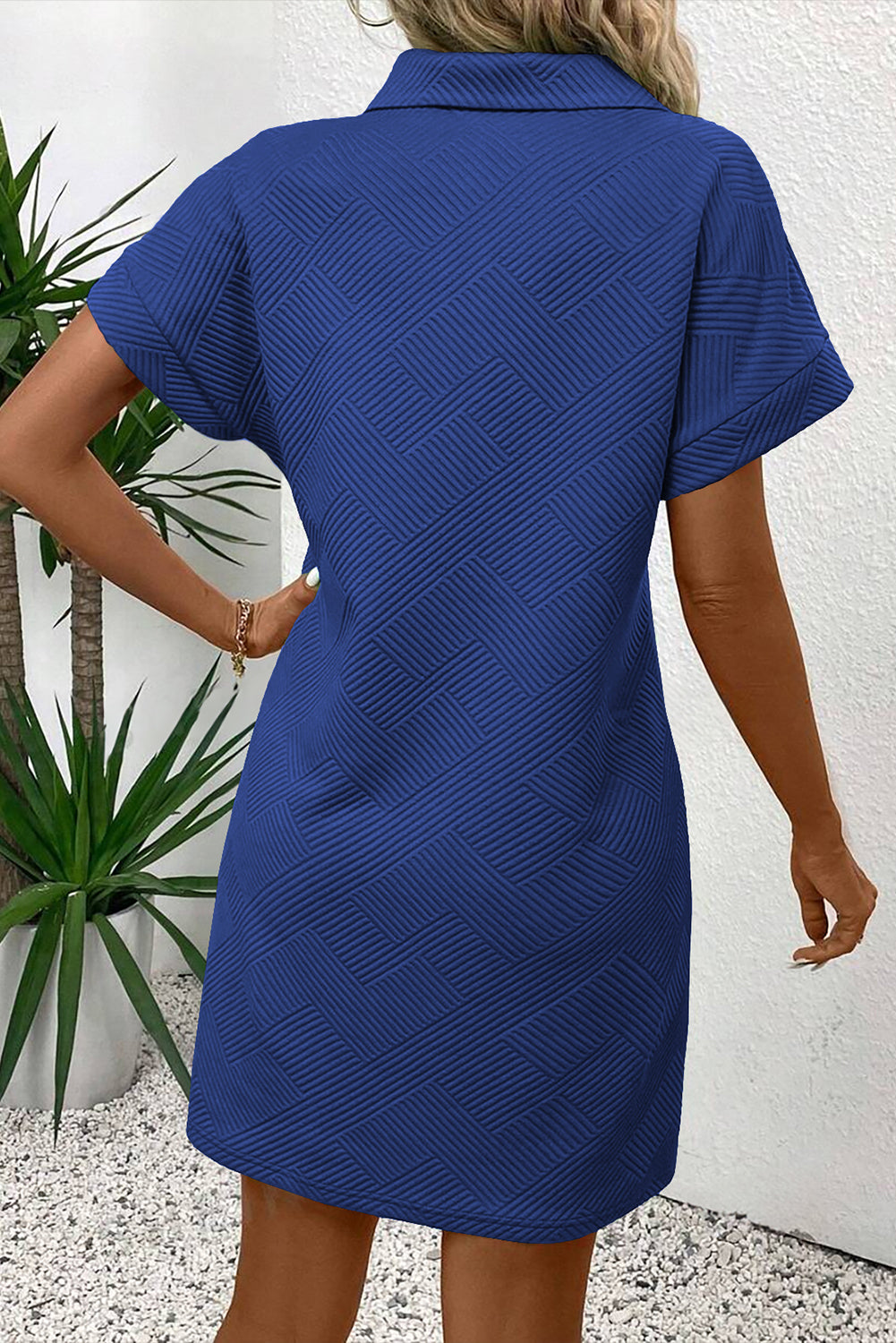 Solid Color Textured Short Sleeve A Line Mini Dress