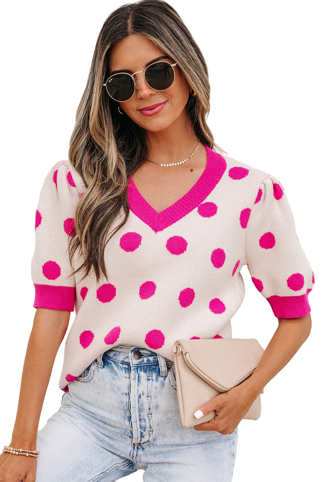 Rose Red Polka Dot Puff Short Sleeve Sweater Top